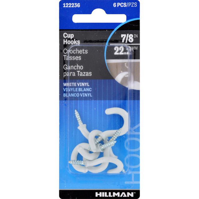 HILLMAN Small Vinyl Coated White Steel 7/8 in. L Hook 1 lb 6 pk