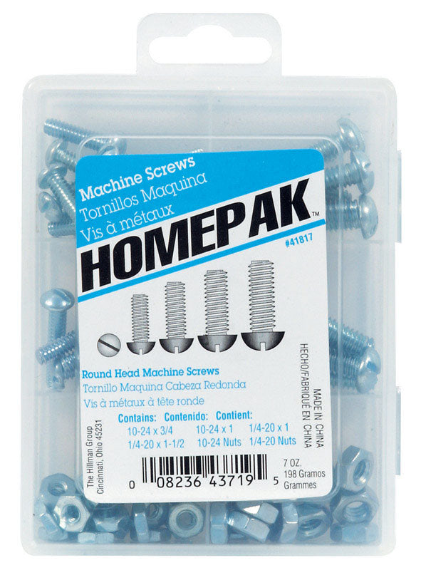 Hillman Homepak Assorted in. X 1 in. L Slotted Round Head Zinc-Plated Steel Machine Screws and Nuts