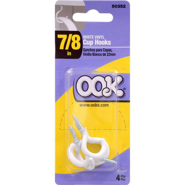 OOK Small Vinyl Coated White Steel 7/8 in. L Cup Hook 1 lb 4 pk