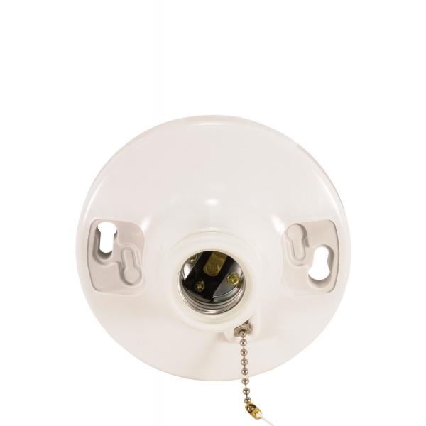 4 Terminal White Phenolic On-Off Pull Chain Ceiling Receptacle - Screw Terminals - 4-1/2" Diameter - 250W - 250V