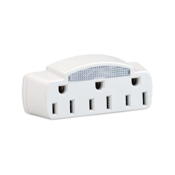 Single To Triple Adapter With Glow Light - White Finish - 15A-125V - 1875W