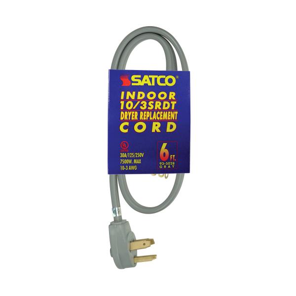 6 Foot, 3 Wire Heavy Duty Replacement Dryer Cord - 10-3 SRDT Gray Flat - Indoor Use Only - 30A/125V-250V - 7500W