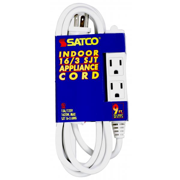 9 Foot Extension Cord - White Finish - 16/3 SJT - Indoor Only - 13A-125V-1625W Rating