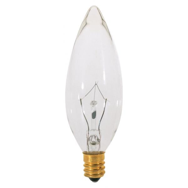 15 Watt BA9 1/2 Incandescent - Clear - 2500 Average rated hours - 114 Lumens - Candelabra base - 130 Volt