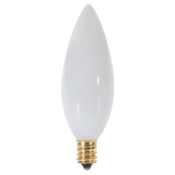 25 Watt BA9 1/2 Incandescent - Gloss White - 2500 Average rated hours - 163 Lumens - Candelabra base - 130 Volt