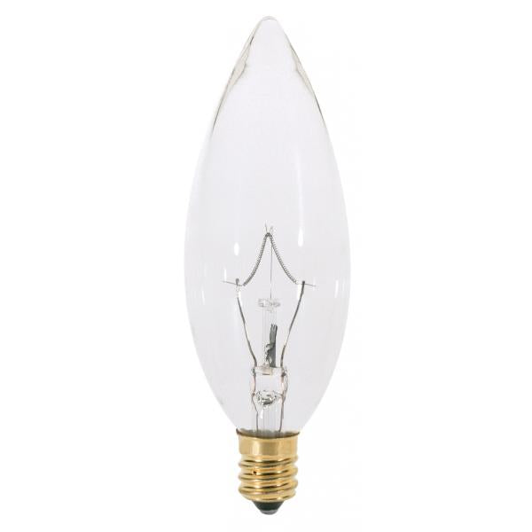 25 Watt B10 Incandescent - Clear - 1000 Average rated hours - 200 Lumens - Candelabra base - 220 Volt