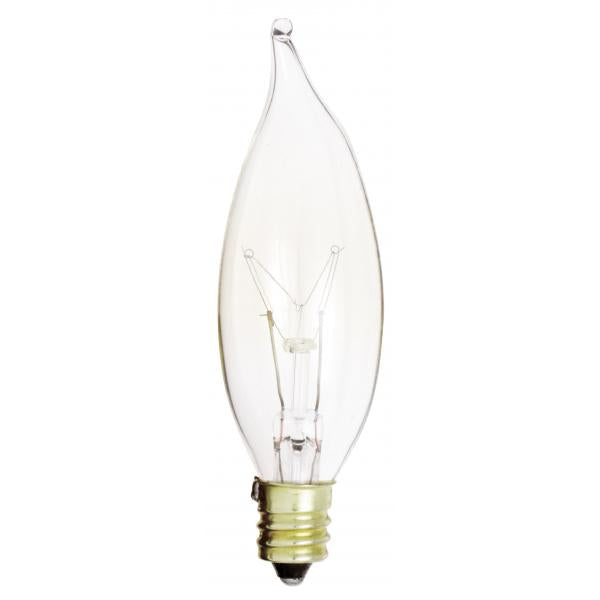 15 Watt CA8 Incandescent - Clear - 1500 Average rated hours - 100 Lumens - Candelabra base - 120 Volt - 2-Card