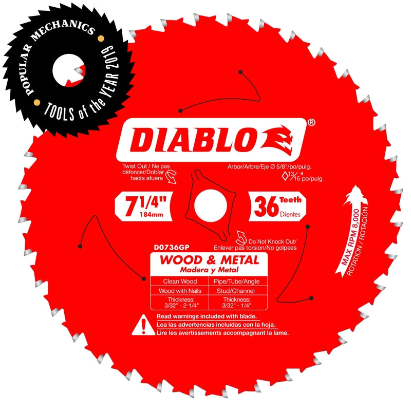 Diablo Wood & Metal 7-1/4 in. D X 5/8 in. TiCo Hi-Density Carbide Wood and Metal Saw Blade 36 teeth