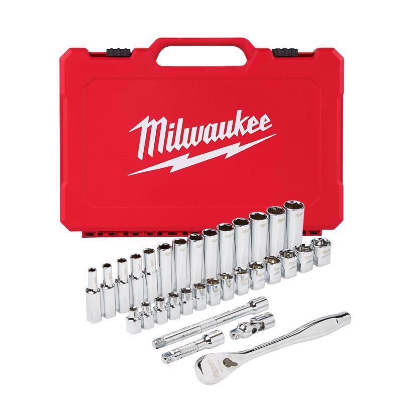 Milwaukee 3/8 in. drive Metric Mechanics Socket and Ratchet Set 32 pc