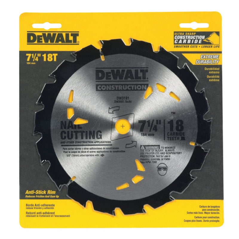 DeWalt 7-1/4 in. D X 5/8 in. Construction Carbide Circular Saw Blade 18 teeth 1 pk