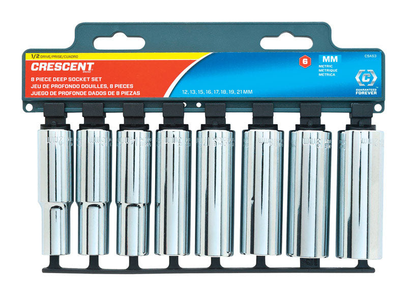 Crescent Assorted Sizes X 1/2 in. drive Metric 6 Point Deep Well Socket Set 8 pc
