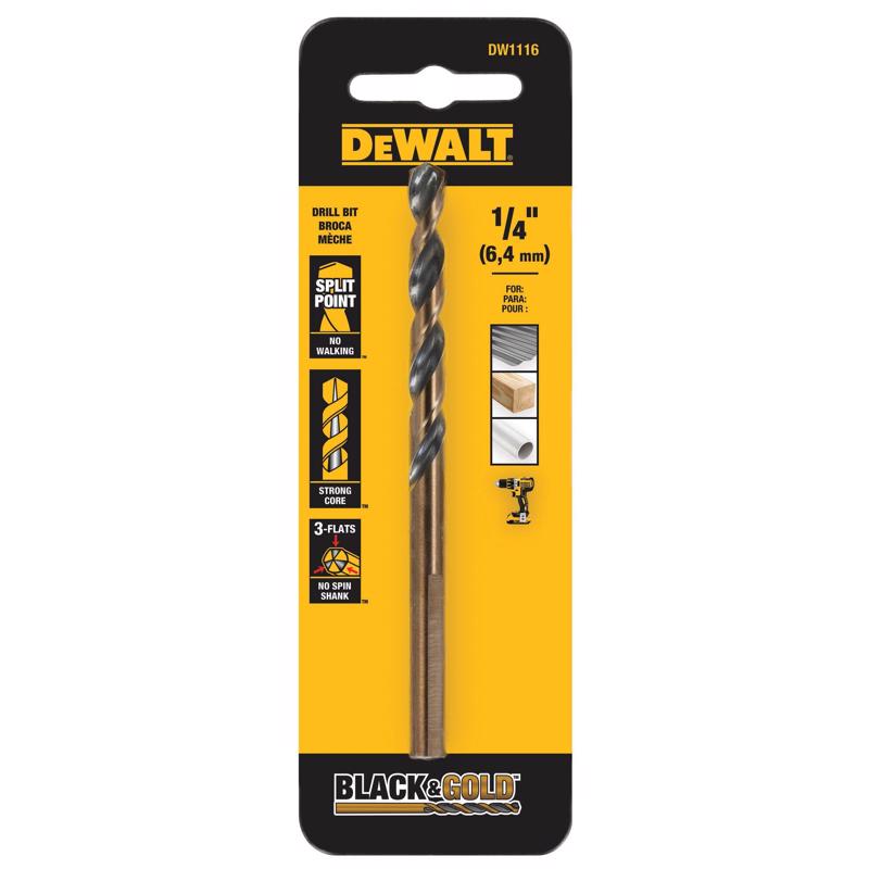 DeWalt Black & Gold 1/4 in. X 4 in. L High Speed Steel Split Point Drill Bit Round Shank 1 pc