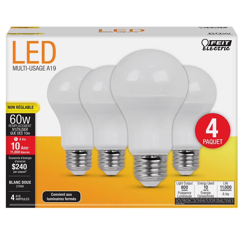 Feit LED A19 E26 (Medium) LED Bulb Soft White 60 Watt Equivalence 4 pk