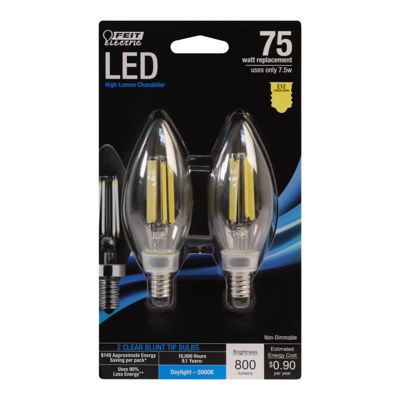 Feit LED Blunt Tip E12 (Candelabra) LED Bulb Daylight 75 Watt Equivalence 2 pk