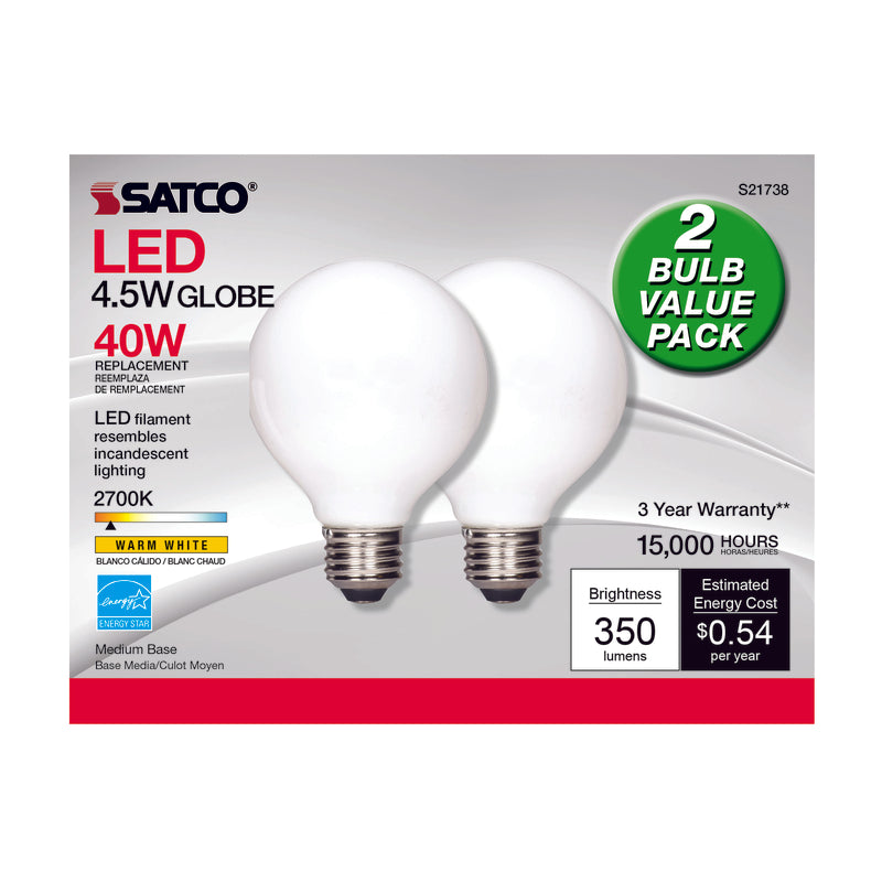 Satco G25 E26 (Medium) LED Bulb Warm White 40 Watt Equivalence 2 pk