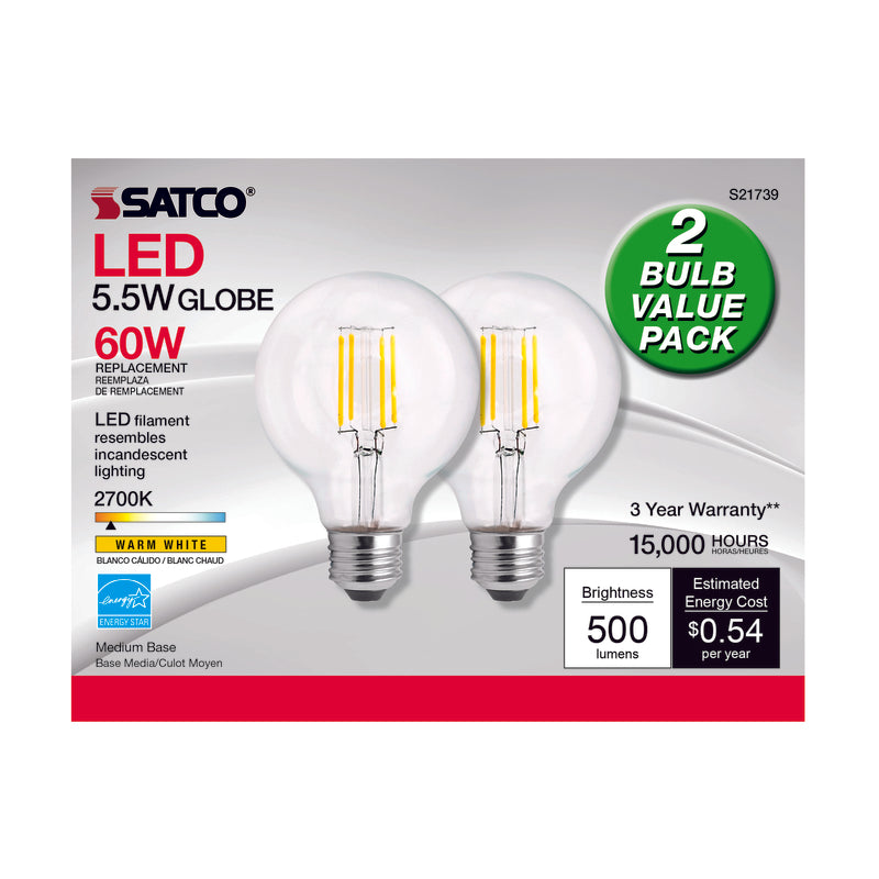 Satco G25 E26 (Medium) LED Bulb Warm White 60 Watt Equivalence 2 pk