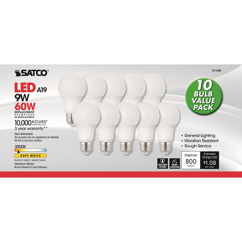 Satco A19 E26 (Medium) LED Bulb Soft White 60 Watt Equivalence 10 pk