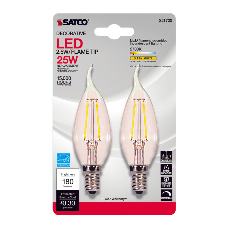 Satco CA10 (Flame Tip) E12 (Candelabra) LED Bulb Warm White 25 Watt Equivalence 2 pk
