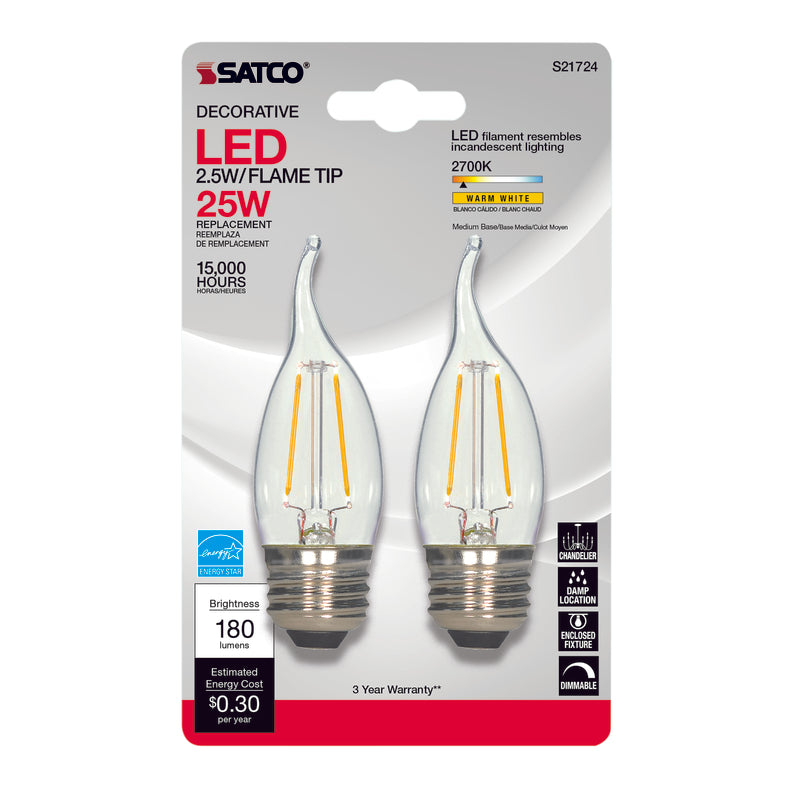 Satco CA10 (Flame Tip) E26 (Medium) LED Bulb Warm White 25 Watt Equivalence 2 pk