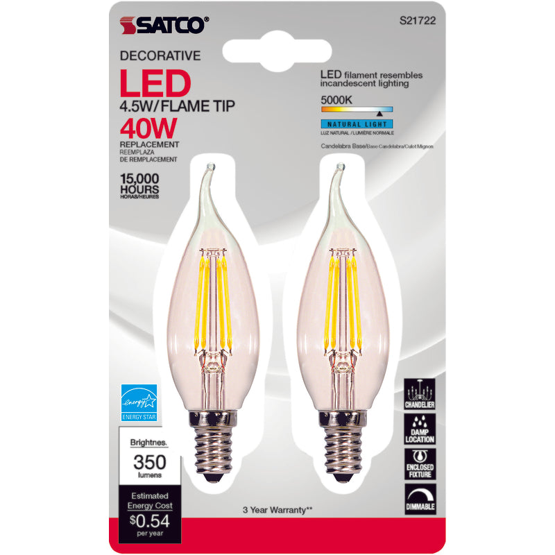 Satco CA10 (Flame Tip) E12 (Candelabra) LED Bulb Natural Light 40 Watt Equivalence 2 pk
