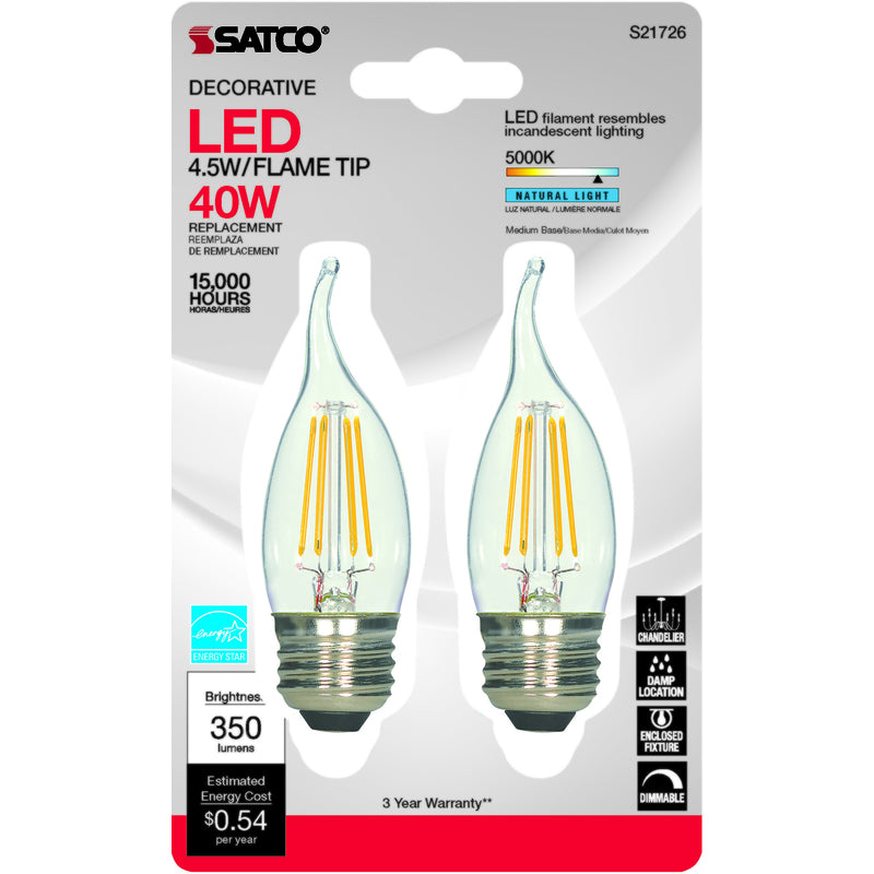 Satco CA10 (Flame Tip) E26 (Medium) LED Bulb Natural Light 40 Watt Equivalence 2 pk