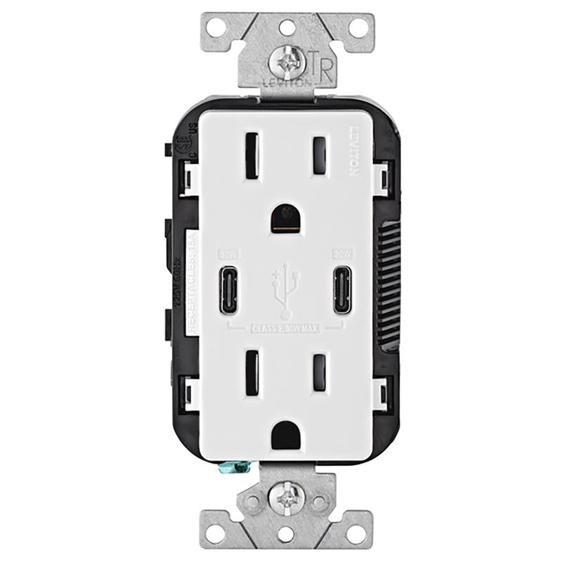 Leviton Decora 15 amps 125 V Duplex and Type C White Outlet and USB Charger 5-15 R 1 pk