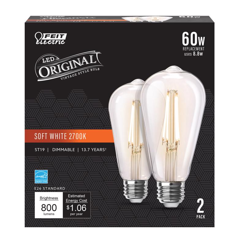 Feit LED Filament ST19 E26 (Medium) Filament LED Bulb Soft White 60 Watt Equivalence 2 pk