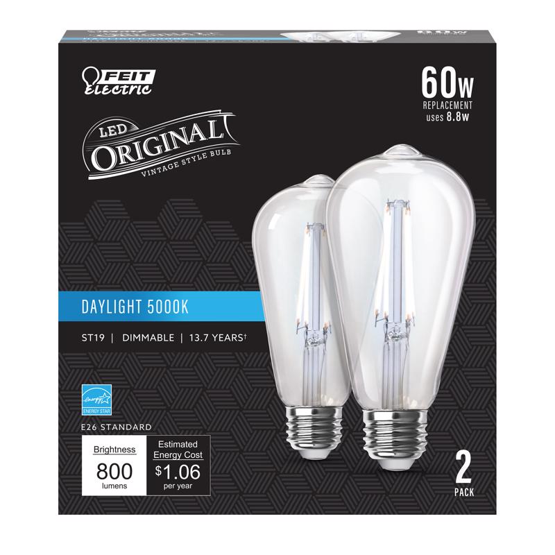 Feit LED Filament ST19 E26 (Medium) Filament LED Bulb Daylight 60 Watt Equivalence 2 pk