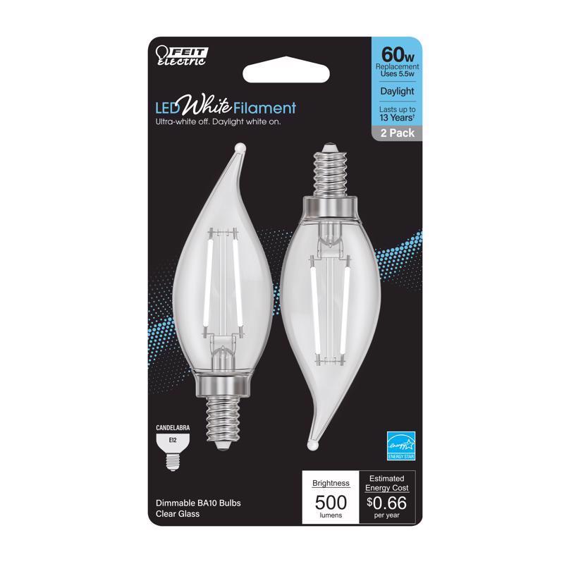 Feit White Filament BA10 E12 (Candelabra) LED Flame Bulb Daylight 60 Watt Equivalence 2 pk