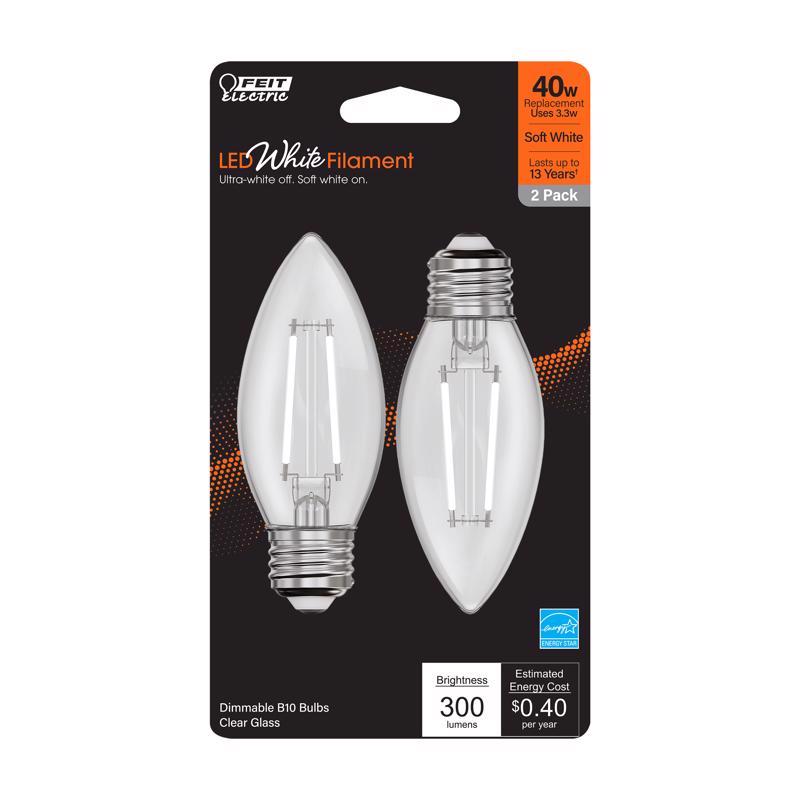 Feit White Filament B10 E26 (Medium) Filament LED Bulb Soft White 40 Watt Equivalence 2 pk