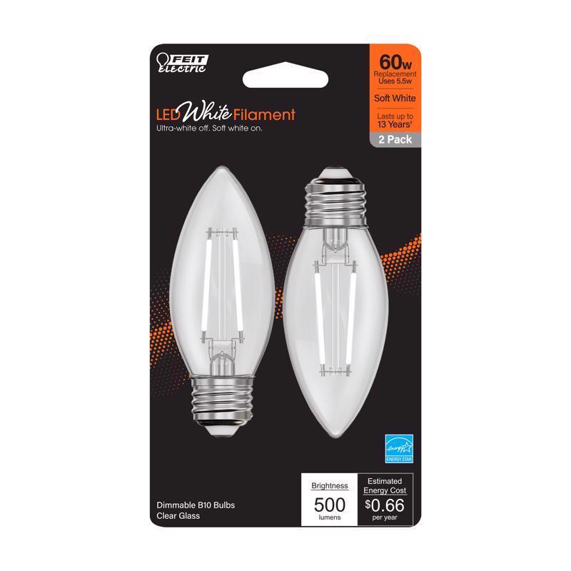 Feit White Filament B10 E26 (Medium) Filament LED Bulb Soft White 60 Watt Equivalence 2 pk