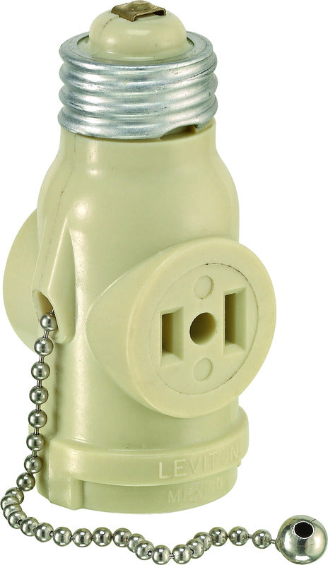 Leviton Plastic Medium Base Lampholder w/Outlet & Pull Chain 1 pk