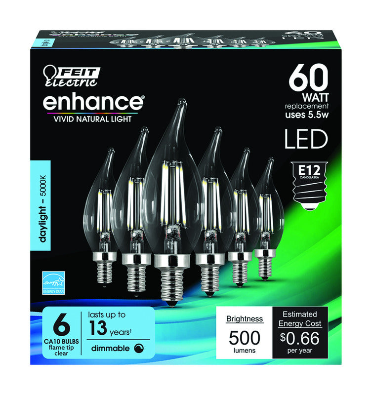 Feit Enhance CA10 (Flame Tip) E12 (Candelabra) Filament LED Bulb Daylight 60 Watt Equivalence 6 pk