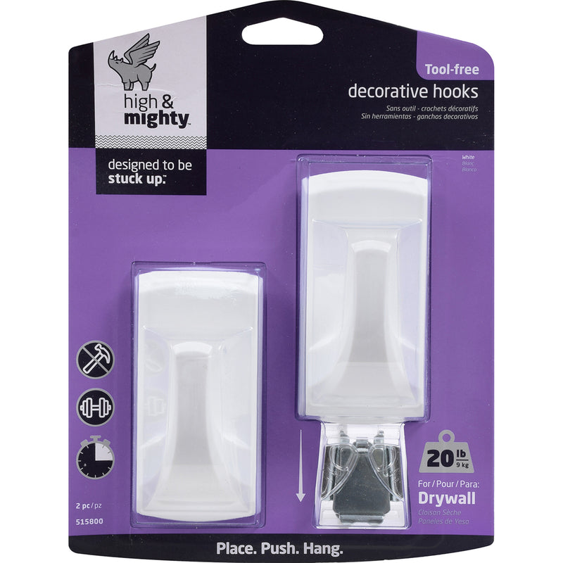 High & Mighty 3.5 in. L White Plastic Rectangular Decorative Hooks 20 lb. cap. 2 pk