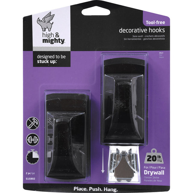 High & Mighty 3.5 in. L Black Plastic Rectangular Decorative Hooks 20 lb. cap. 2 pk