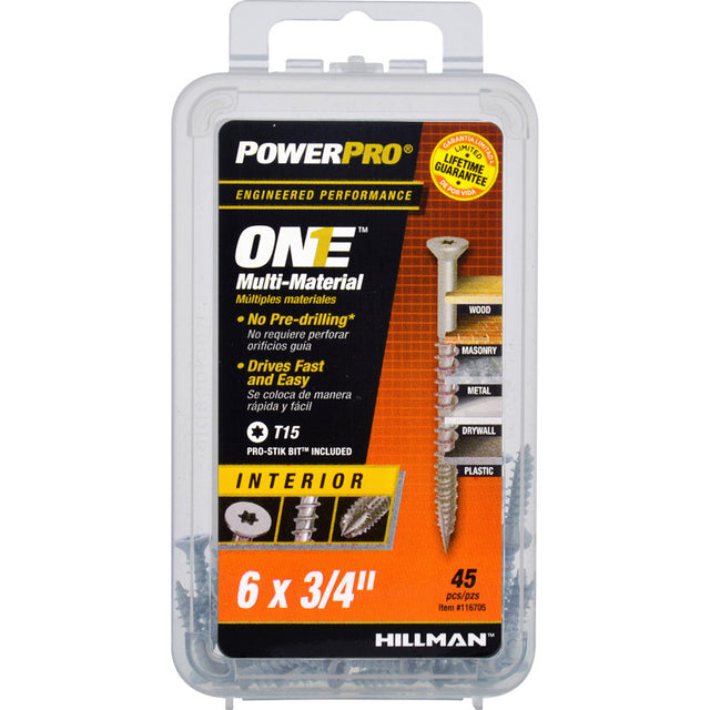 HILLMAN POWERPRO ONE No. 6 X 3/4 in. L Star Flat Head Multi-Material Screw 45 pk