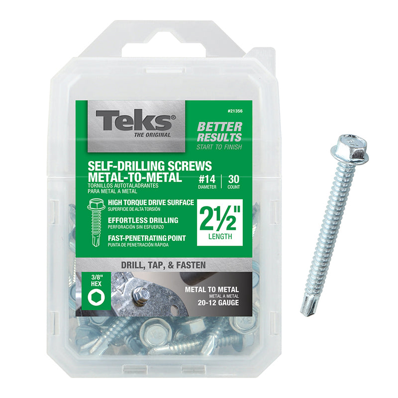 Teks No. 14 X 2-1/2 in. L Hex Washer Head Sheet Metal Screws 30 pk