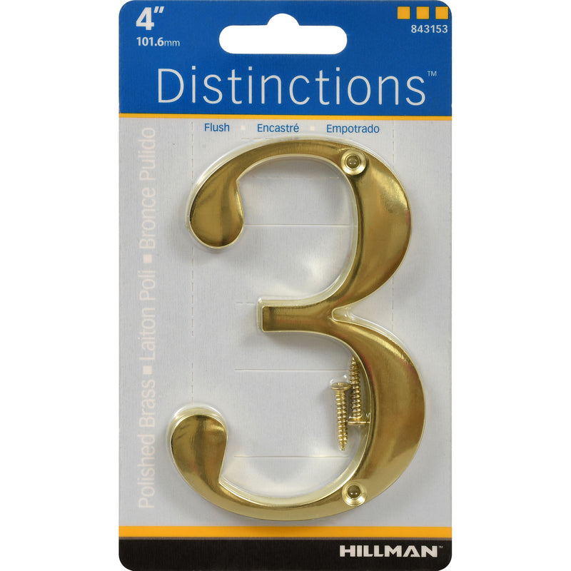 Hillman Distinctions 4 in. Gold Zinc Die-Cast Screw-On Number 3 1 pc