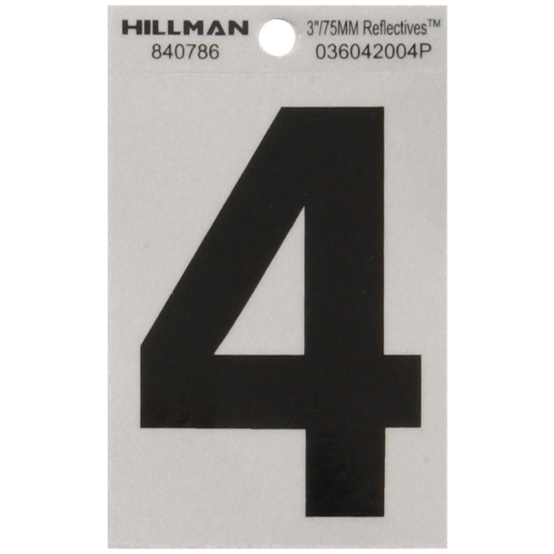 Hillman 3 in. Reflective Black Vinyl Self-Adhesive Number 4 1 pc