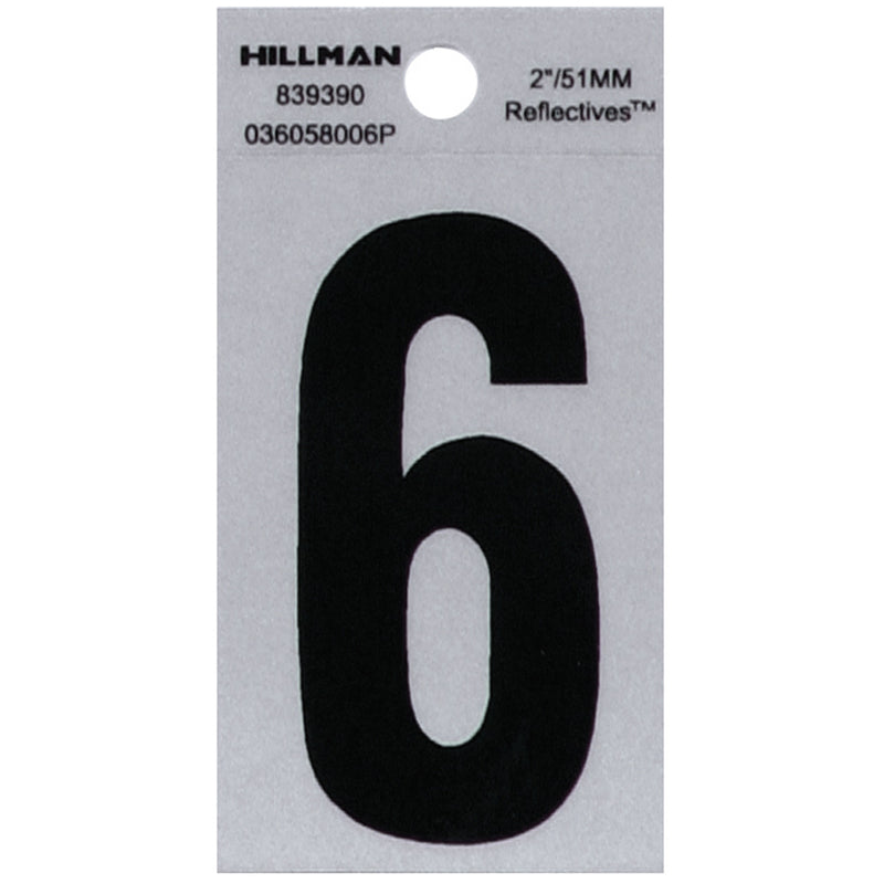 Hillman 2 in. Reflective Black Vinyl Self-Adhesive Number 6 1 pc