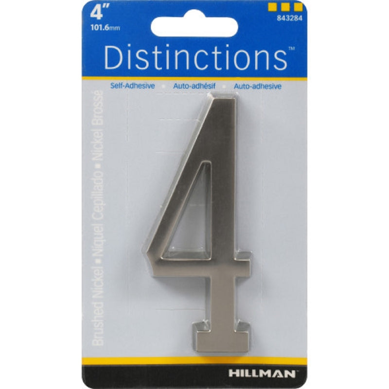 Hillman Distinctions 4 in. Silver Zinc Die-Cast Self-Adhesive Number 4 1 pc