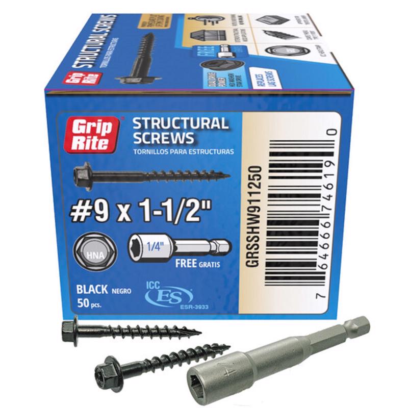 Grip-Rite No. 9 wire X 1-1/2 in. L Star Hex Washer Head Structural Screws 50 pk