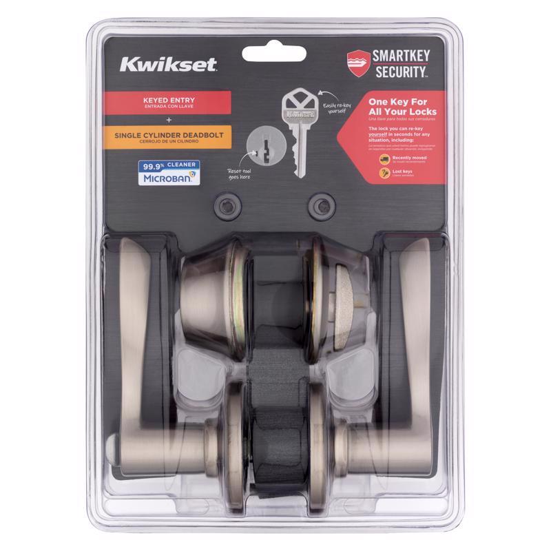 Kwikset SmartKey Security Satin Nickel Lever and Single Cylinder Deadbolt KW1 2-3/4 in.