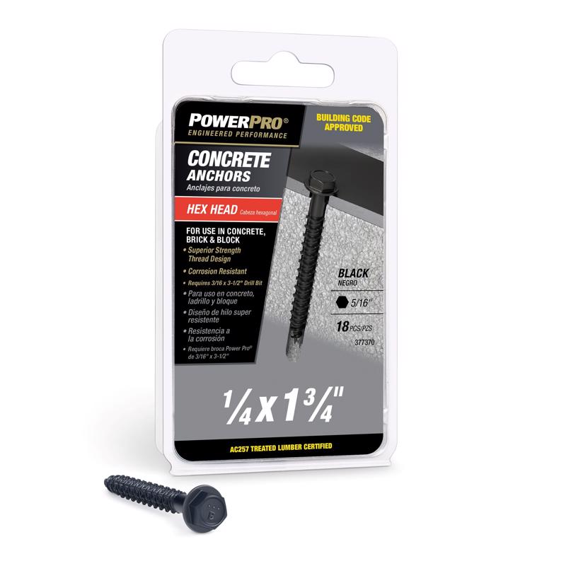Power Pro 1/4 in. D X 1-3/4 in. L Carbon Steel Hex Head Concrete Screw Anchor 18 pc