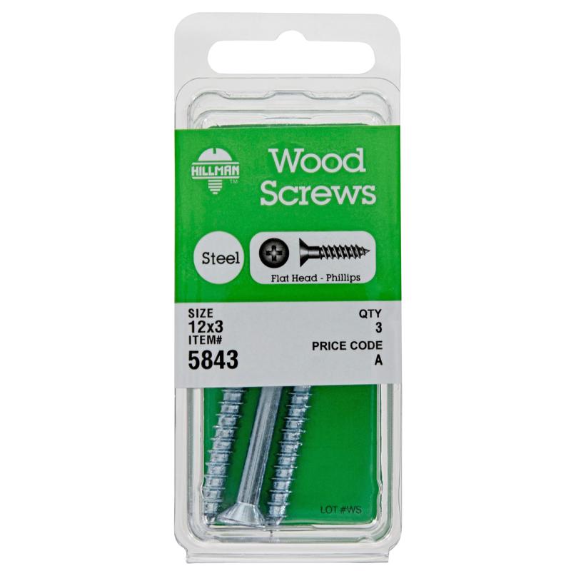 Hillman No. 12 X 3 in. L Phillips Zinc-Plated Wood Screws 3 pk