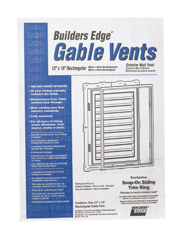Builders Edge 12 in. W X 18 in. L White Plastic Gable Vent