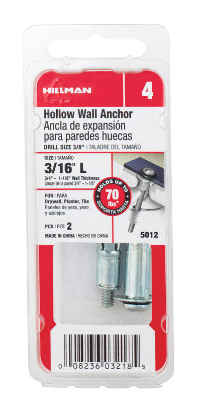 Hillman 3/16 in. D X 2 3/4 in. L Metal Round Head Hollow Wall Anchors 2 pk