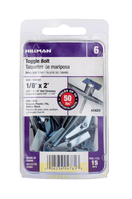 Hillman 1/8 in. D X 2 in. L Round Steel Toggle Bolt 15 pk
