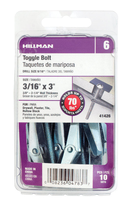 Hillman 3/16 in. D X 3 in. L Round Steel Toggle Bolt 10 pk