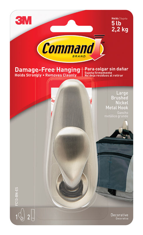 3M Command 4-1/8 in. L Brushed Nickel Metal Large Hook 5 lb. cap. 1 pk
